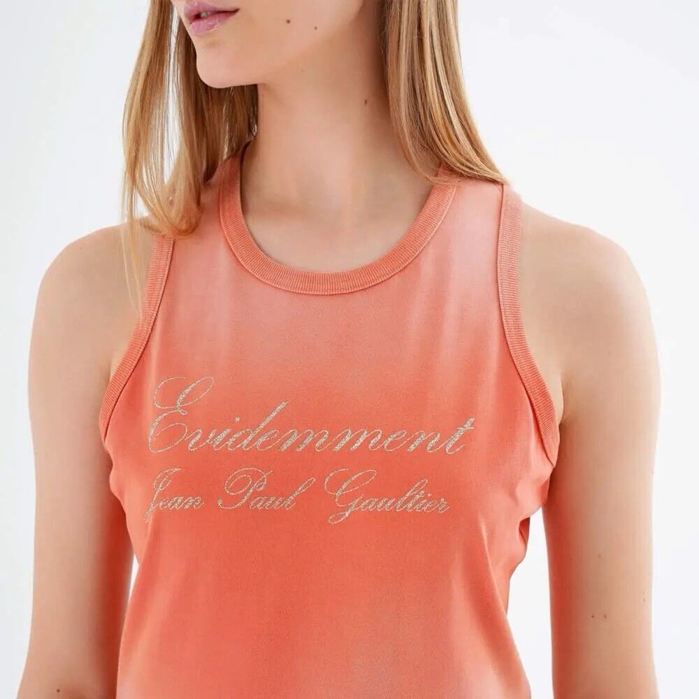 Jean Paul Gaultier Logo Tank Top Orange Bleached Cotton Y2K Size L Glitter